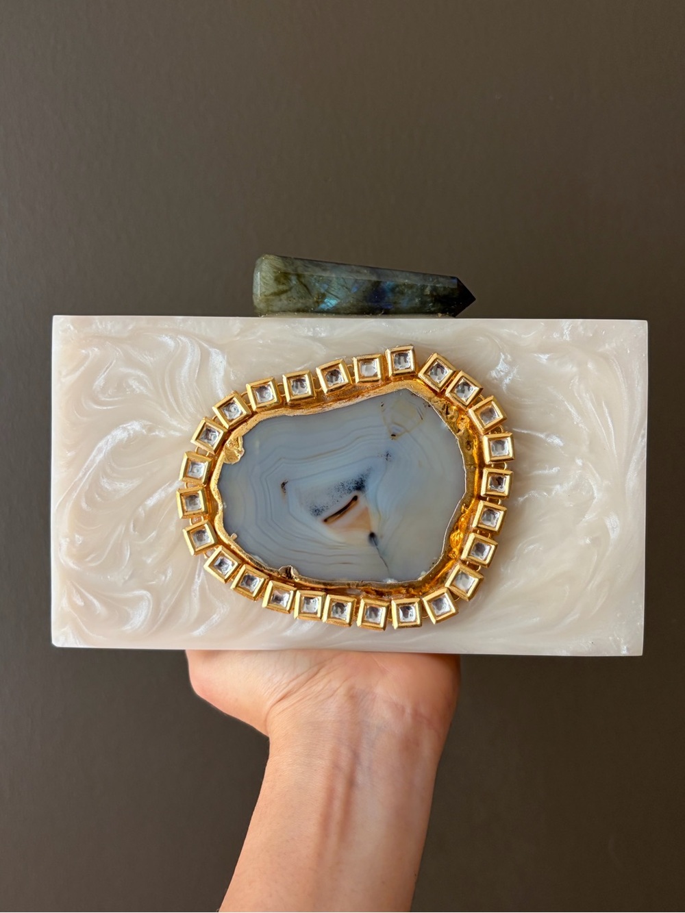 Agate Accent Pearl White Clutch with Gold Trim